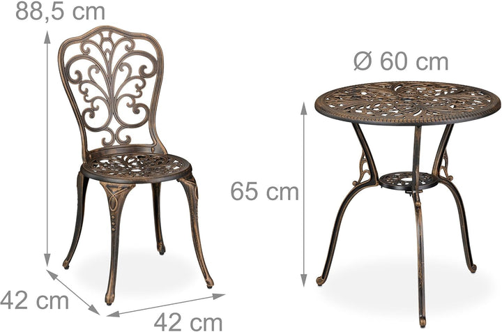 Relaxdays Gartenmöbel Set 3-teilig, Tisch, 2 Stühle, Aluguss, Balkonmöbel Antikdesign, Garten Sitzgr