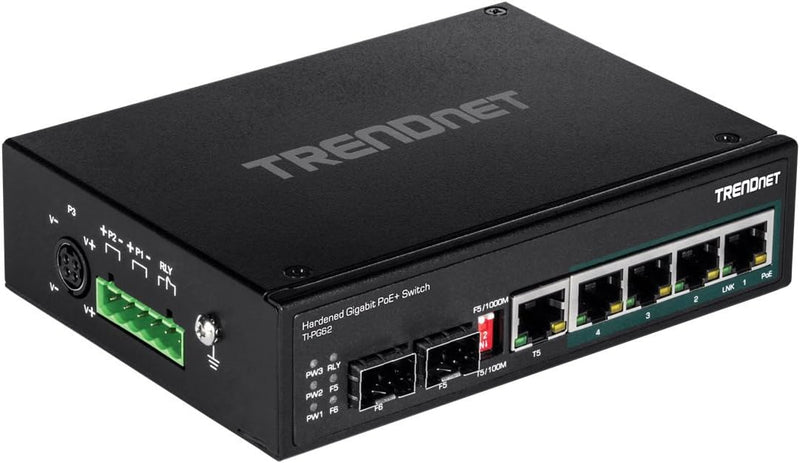 TRENDnet TI-PG62 6-Port-gehärteter industrieller Gigabit-PoE + -Din-Rail-Switch, 4 x Gigabit-PoE + -