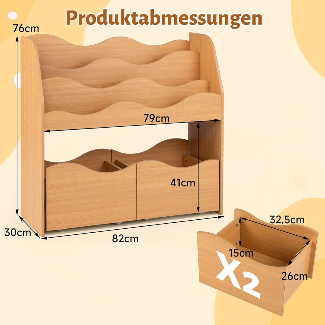 COSTWAY Kinderregal mit 2 Boxen auf Rollen (Natur) | Bücherregal Kinder mit 3 wellenförmigen Ebenen,