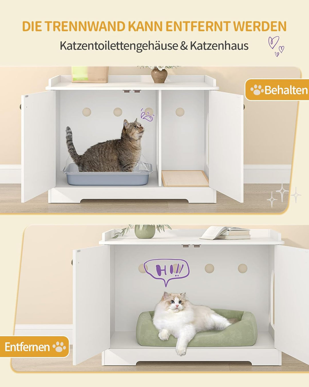 Hzuaneri Katzenschrank mit Griffen, Katzentoilette, Katzenklo Schrank, Katzenhaus mit Tür, Hölzerner