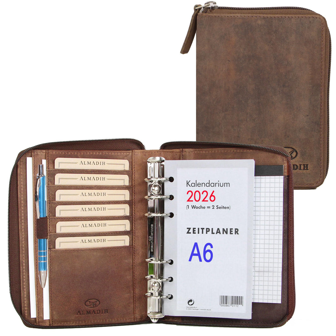 ALMADIH Leder A6 Organizer Reissverschluss Kalender 2024 Notizblock Premium Rindsleder Braun Vintage