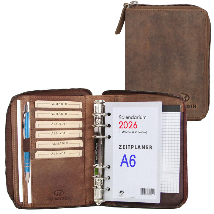 ALMADIH Leder A6 Organizer Reissverschluss Kalender 2024 Notizblock Premium Rindsleder Braun Vintage