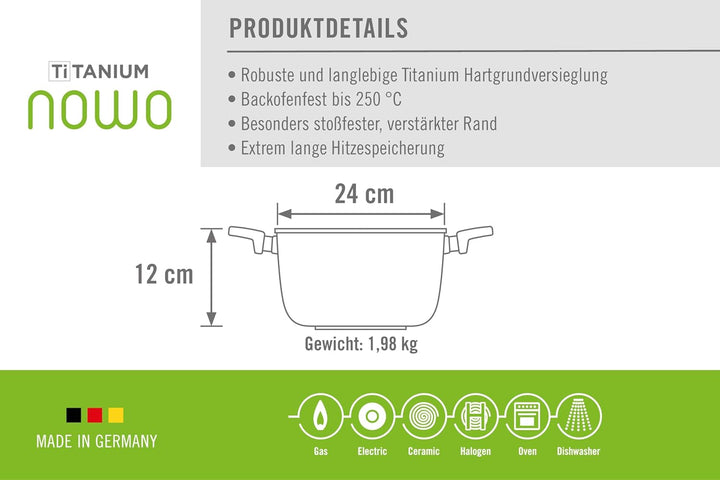 Titanium Nowo Gusstopf mit Glasdeckel in Box, Ø 24 cm, 12 cm hoch, 4,5 Liter, 2 Seitengriffe Ø 24 cm