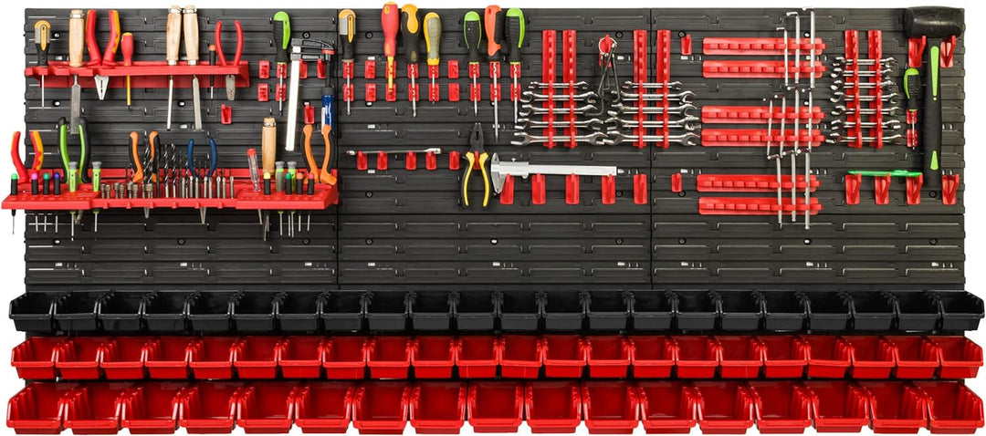 Lagersystem Werkstattregal | 172 x 78 cm | 61 stck. Box | Wandregal mit Werkzeughalterungen und Stap