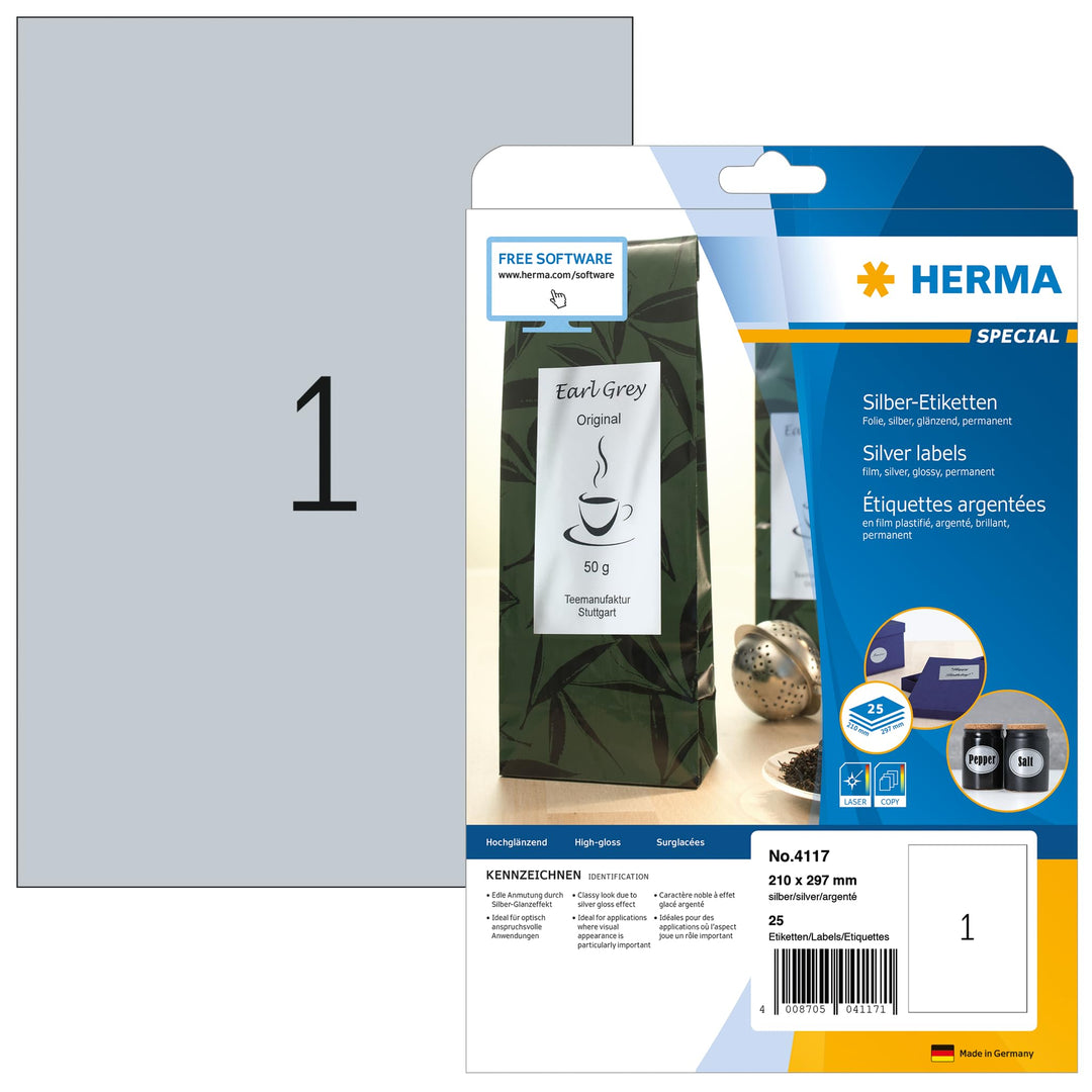 HERMA 4117 Wetterfeste Folienetiketten silber, 25 Blatt, 210 x 297 mm, 1 Stück pro A4 Bogen, 25 Aufk