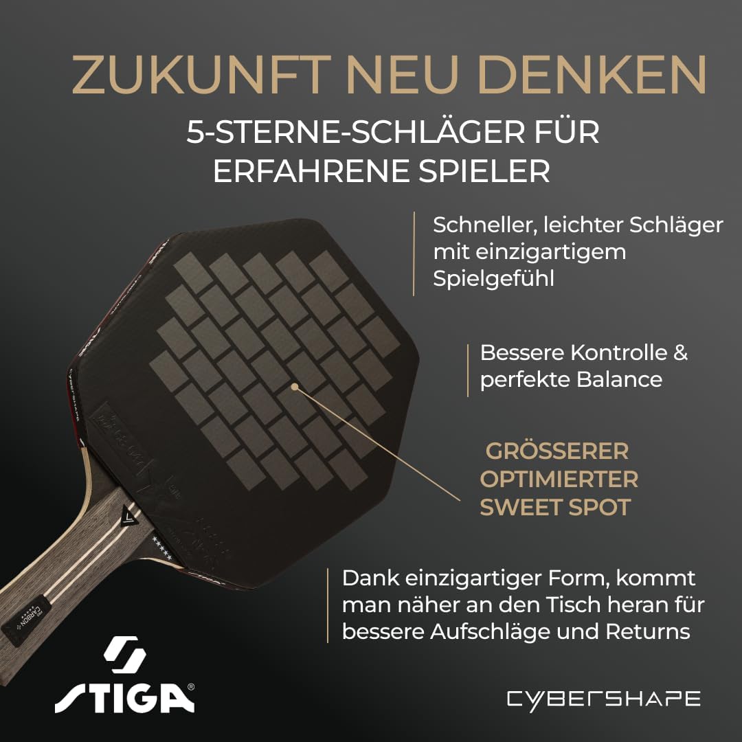 STIGA Pro Carbon+ Cybershape Tischtennisracket, 5-Sterne-Profi-Tischtennisschläger mit sechseckiger