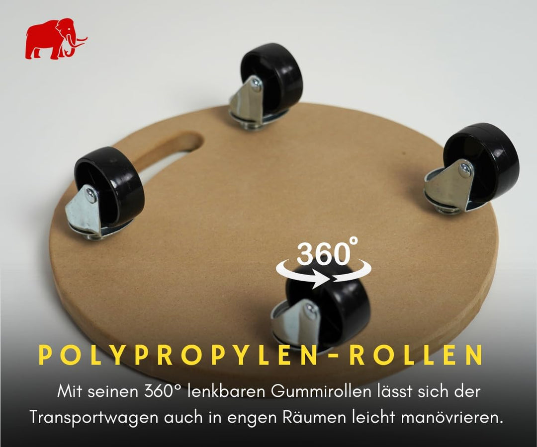 PROREGAL Profi Transportroller Hercules 30x30 cm Rund Schwerlast bis 100 kg mit 4 Gummirollen & Grif