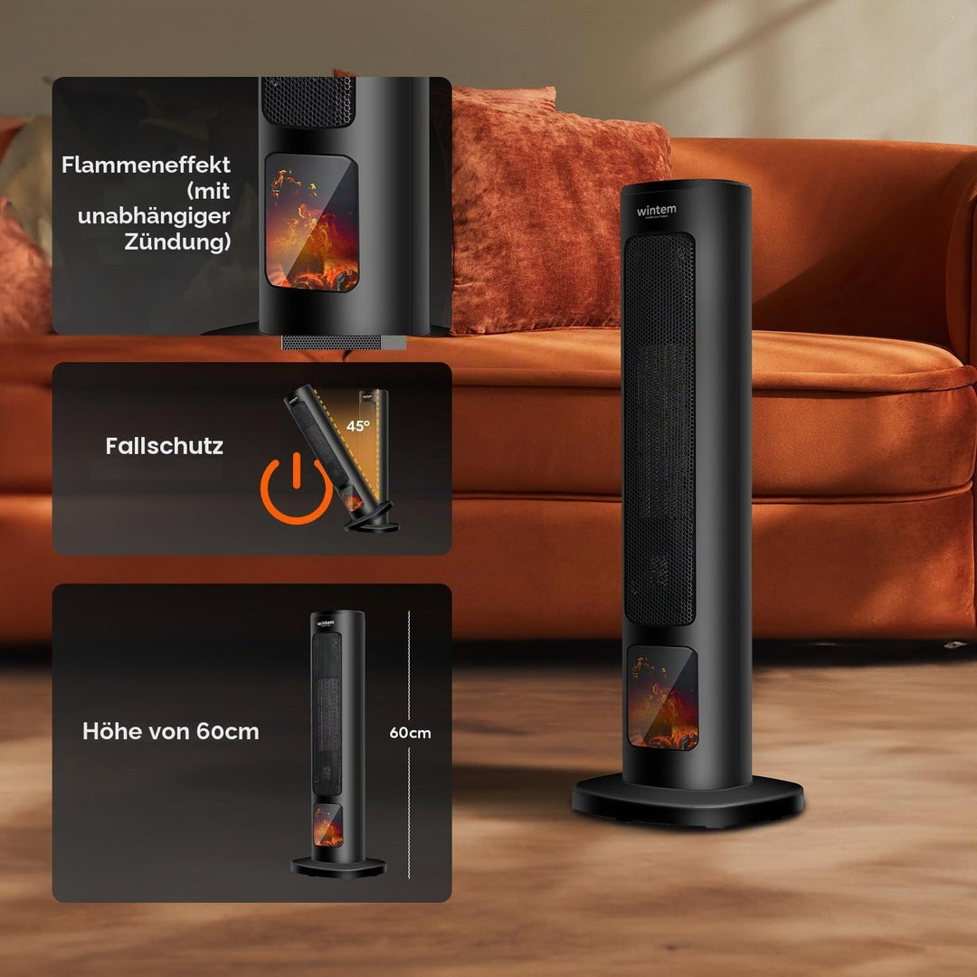 Wintem Elektrischer Heizlüfter Turm 800/2000 W mit Display Kamineffekt und Fernbedienung 60 cm – Ide