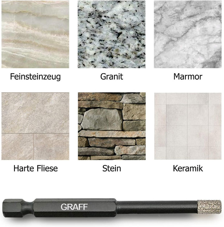 GRAFF Diamantbohrer Fliesenbohrer Set 6 I 8 I 10 mm für Fliesen Glas Кeramik Granit Stein - Feinstei
