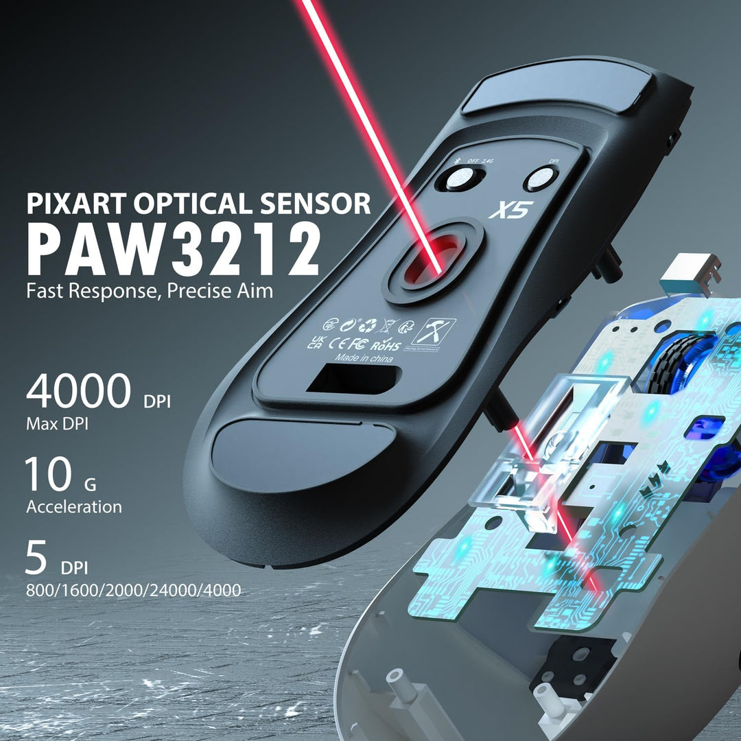 ATTACK SHARK X5 Ultra-leichte kabellose Gaming-Mäuse 49g,Tri-Mode Kabelgebunden/2.4G/BT5.0,PAW3312 P