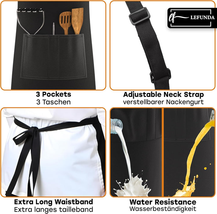 LEFUNDA® Kochschürze Wasserdicht Schürze mit 3 Taschen Verstellbare Grillschürze mit langen Bändern