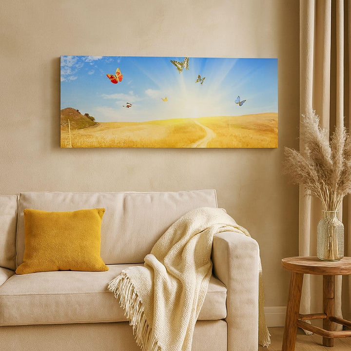 Wandbilder Dekoration Wohnzimmer Schmetterlinge Wiese Gras Panorama Bilder auf Leinwand 120x50cm Lei