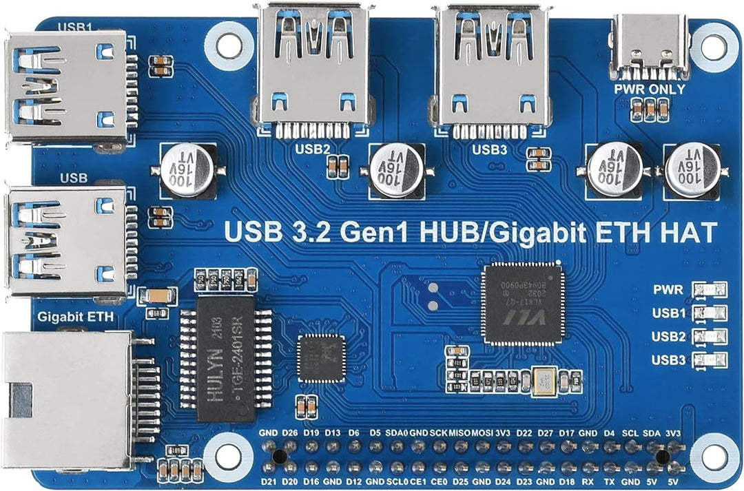 Waveshare USB 3.2 Gen1 and Gigabit Ethernet HUB HAT for Raspberry Pi 3X USB 3.2 Gen1 1x Gigabit Ethe