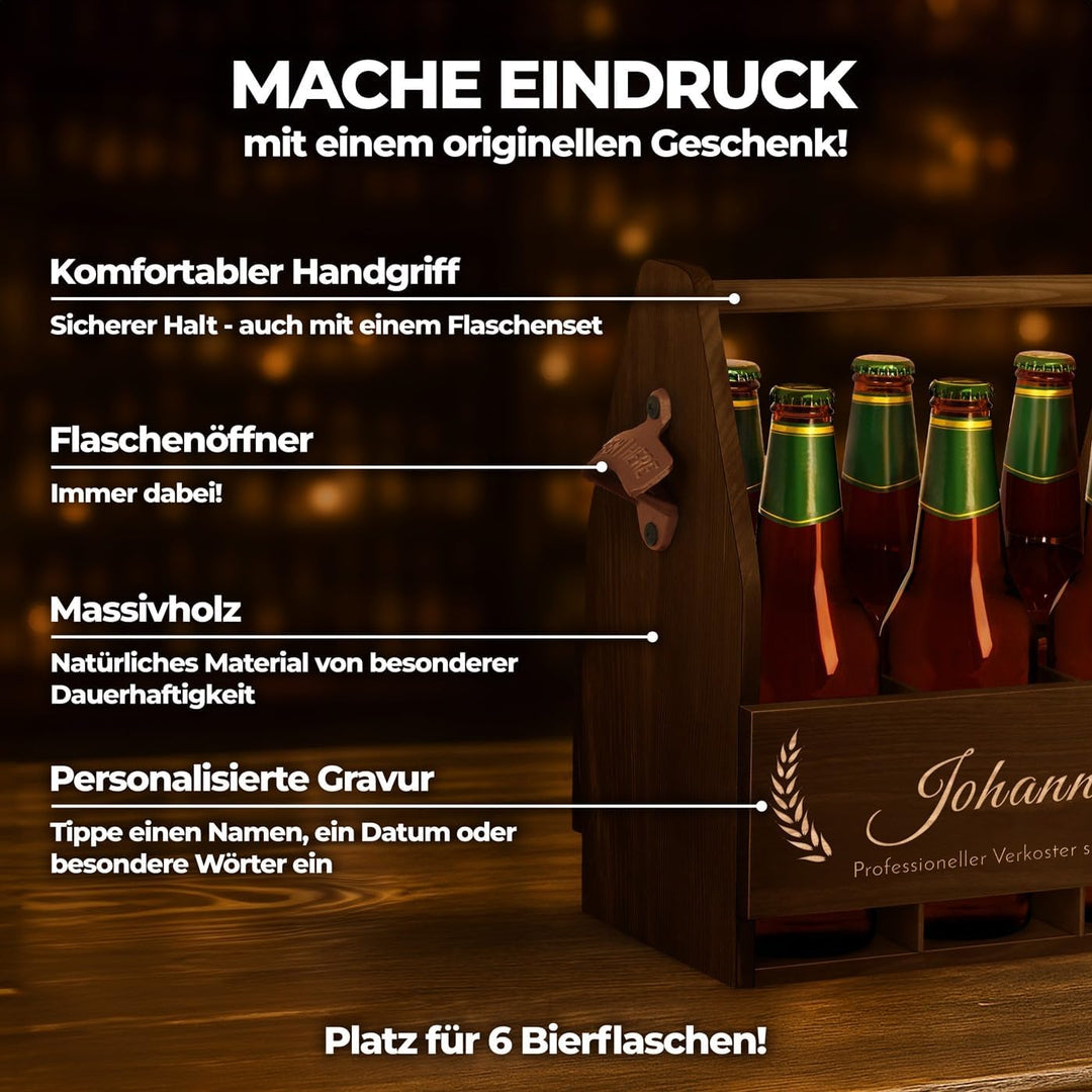 Maverton Bierträger für 6 Flaschen 0,5L + Gravur - Männerhandtasche mit Flaschenöffner - Grösse: 25x