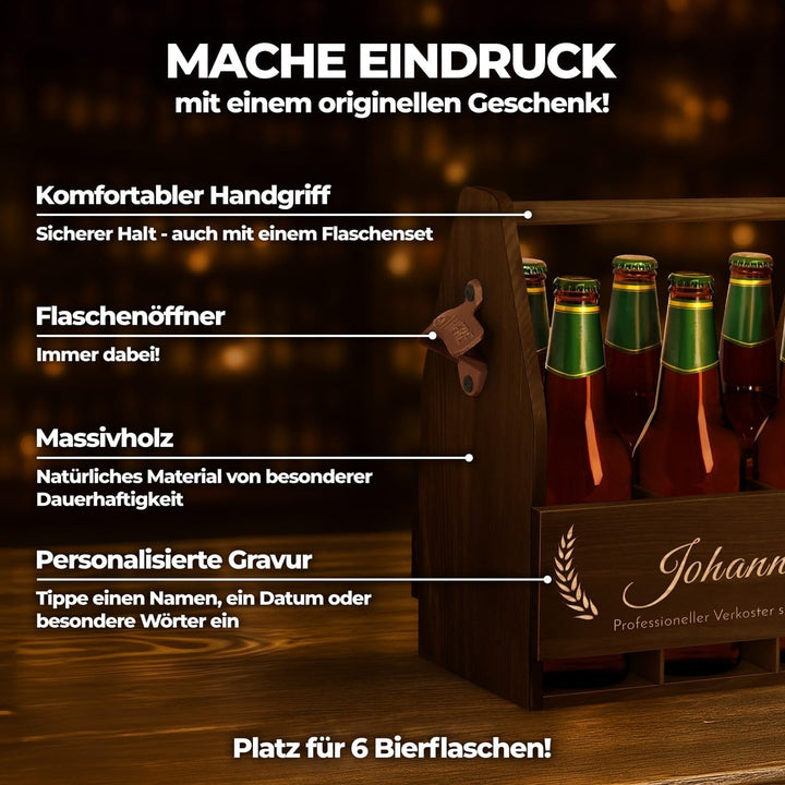 Maverton Bierträger für 6 Flaschen 0,5L + Gravur - Männerhandtasche mit Flaschenöffner - Grösse: 25x