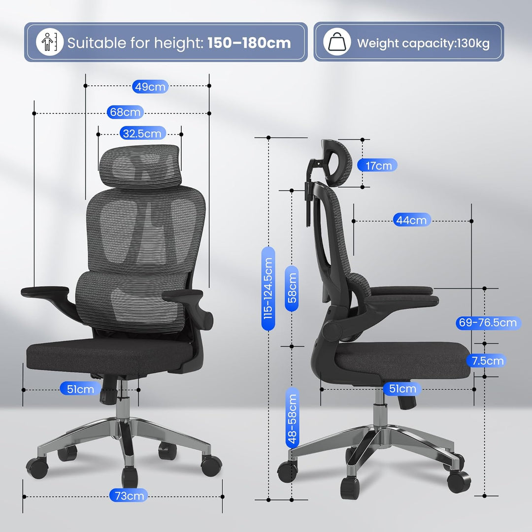 FLEXISPOT Ergonomischer Bürostuhl, Schreibtischstuhl mit 2D-Kopfstütze, Klappbare Armlehnen & Dynami