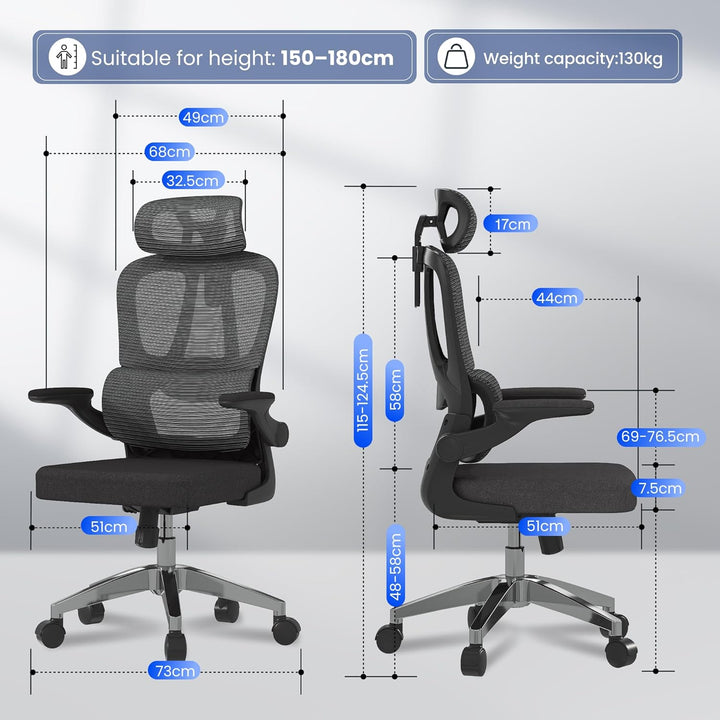 FLEXISPOT Ergonomischer Bürostuhl, Schreibtischstuhl mit 2D-Kopfstütze, Klappbare Armlehnen & Dynami