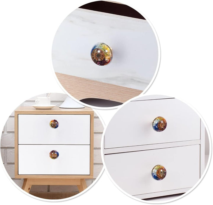 mookaitedecor 7 Chakra Schubladen Knöpfe mit Schrauben Satz von 2, Ammonit Fossil Harz dekorative Kr