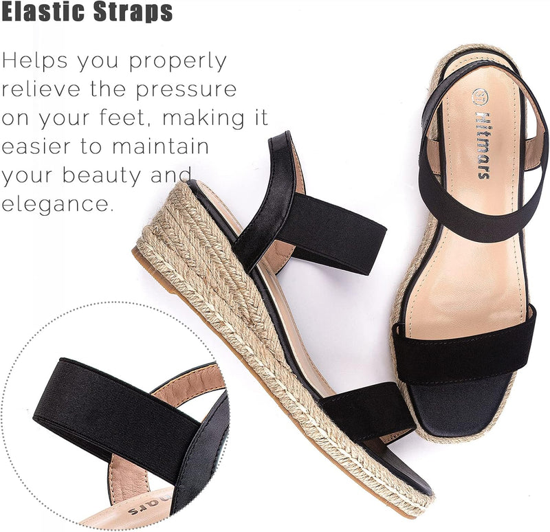 Hitmars Espadrilles Keilsandalen Damen Elegant 6 CM Grösse EU 36-43 Sandalen 03 Schwarz 36 EU, Sanda