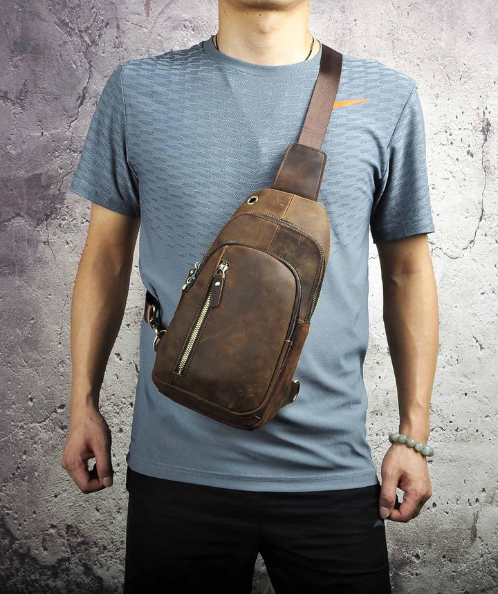 Le’aokuu Herren Echtes Leder Brusttasche Crossbody Bag Sling Bag Schultertasche Gurteltasche Umhänge