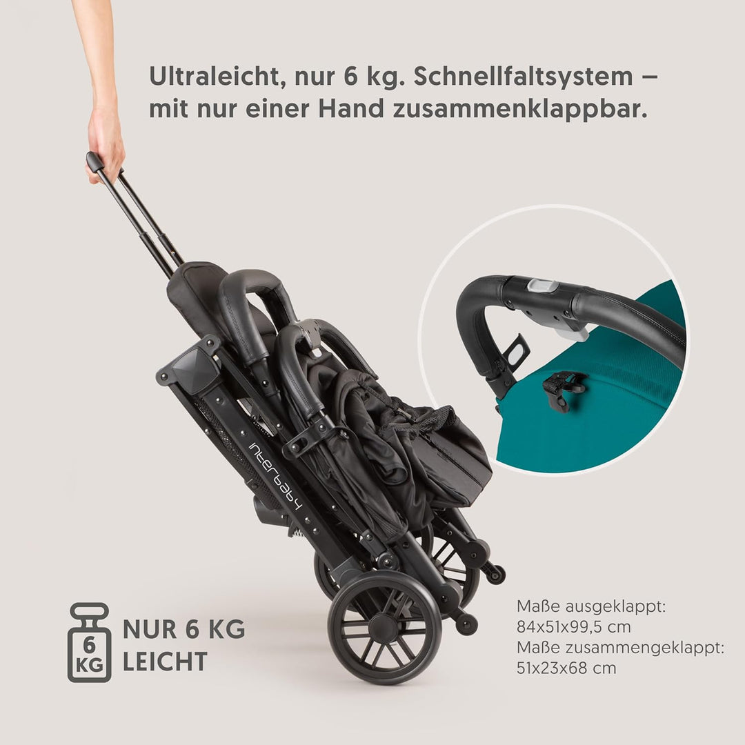 Interbaby Reisebuggy klein bis 22 kg Handgepäck, Liegefunktion (Grün) | Reisebuggy Einhand-Faltsyste