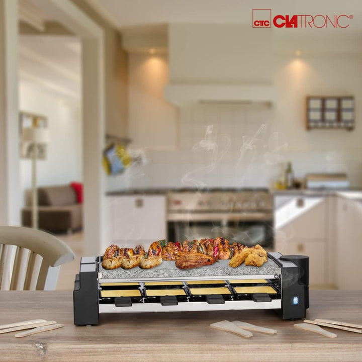 Clatronic RG 3678, 2in1 Raclette-Grill, Naturgrillstein & Wendegussplatte, 180°-Drehgelenk, 8 Pfännc