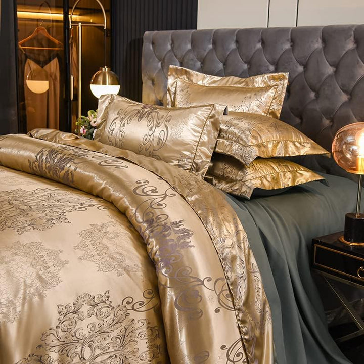 DXHOME Bettwäsche 220x240 Satin Gold Angenehme Jacquard Glatt Glänzend Bettdeckenbezug Kühlende Glit