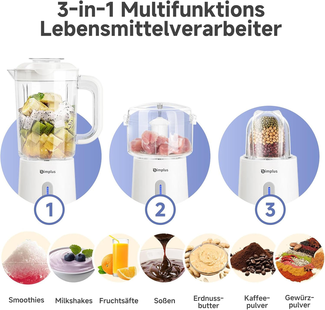 SIMPLUS 3-in-1 Standmixer & Smoothie Maker mit 1,25L Mixbecher, 500ml Fleischwolf & 300ml Mahlbecher