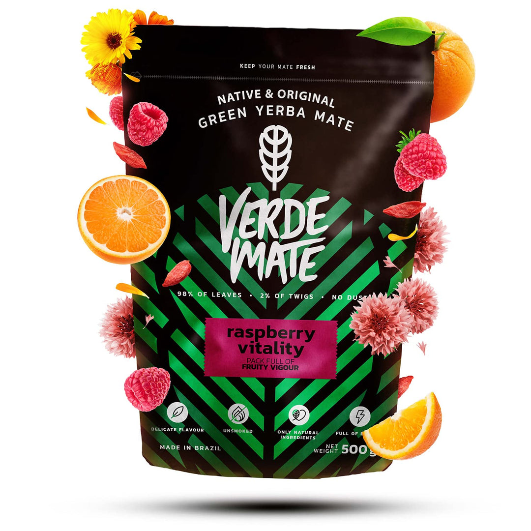 Mate Tee Set Verde Mate Energia Guarana & Raspberry 1kg - Yerba Mate aus Brasilien – 5mm Grobe Blätt