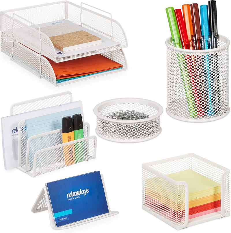 Relaxdays Schreibtisch Organizer Set, 7-tlg., Metall, Ablagefächer, Zettelbox, Brief-, Büroklammer-