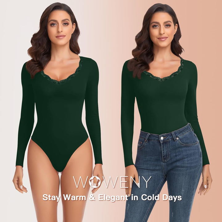 WOWENY Thermo Body Damen Langarm Elegant Langarmbody mit Spitze V-ausschnitt Fleece Bodysuit Warm Be