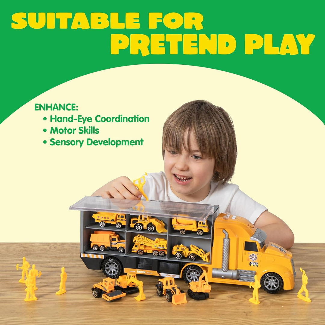 JOYIN 25-in-1-Spielzeugset aus Druckguss-Baufahrzeugen (einschliesslich Transporter, Bagger, Kipper,