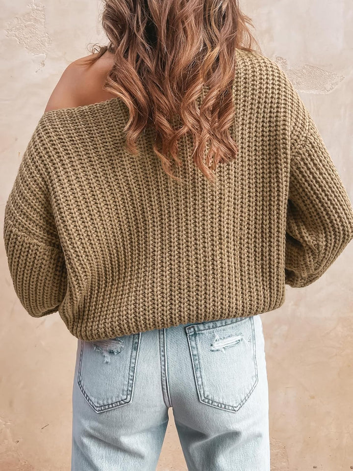 CUPSHE Damen Strickpullover Mock Neck One Shoulder Langarm Zopfmuster Feinstrick Schulterfreier Pull