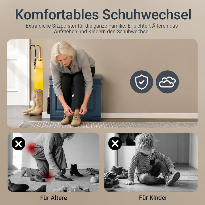 SoBuy Schuhbank mit Sitzkissen &amp; Klappe 60x52x24cm für Flur | Schuhschrank schmal mit Stauraum, bis