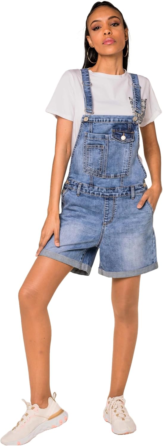 Nina Carter S511 Damen Jeans Latzshorts – Kurze Latzhose aus Denim mit Brusttaschen & Knöpfen – Somm