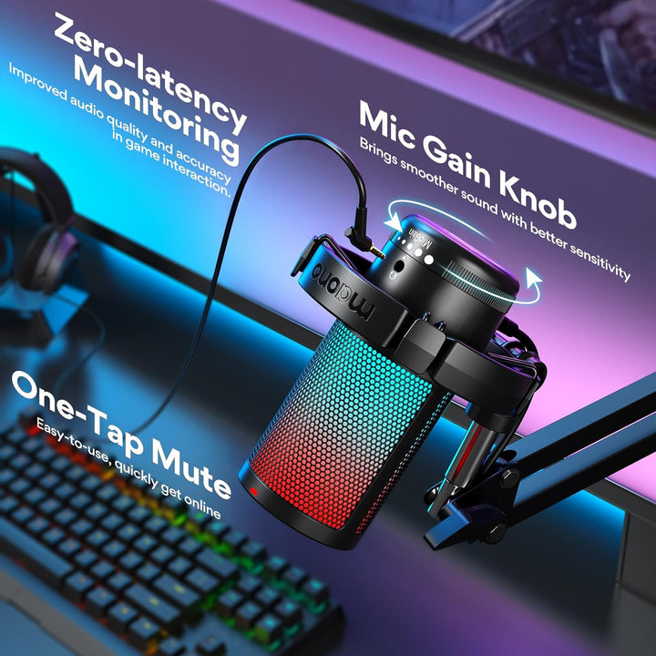 MAONO Gaming USB Mikrofon, Noise Cancellation Kondensator Mic mit Mute, Gain, Monitoring, Galgenarm,
