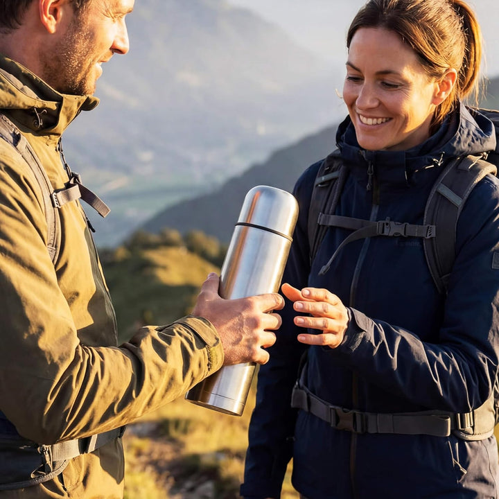 GRÄWE Thermosflasche, Edelstahl Trinkflasche, Thermoskanne, Isolierflasche für unterwegs mit Becher,