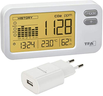 TFA Dostmann 31.5009.02 AIRCO2NTROL Coach CO2 Monitor CO2 Melder (weiss mit USB Netzteil), Weiss mit
