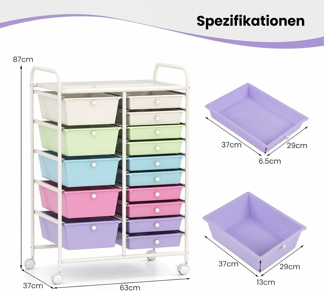 COSTWAY Rollwagen mit 15 stapelbaren Schubladen, Schubladenwagen Rollcontainer mit Metallgestell und
