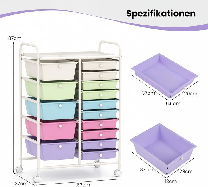 COSTWAY Rollwagen mit 15 stapelbaren Schubladen, Schubladenwagen Rollcontainer mit Metallgestell und