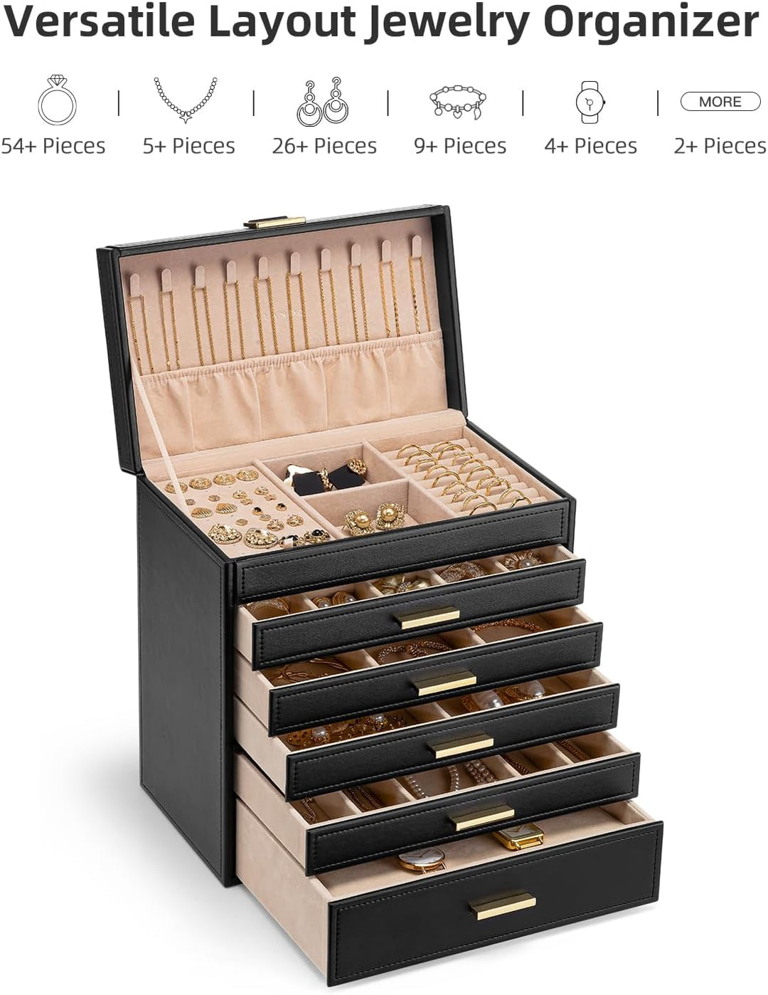 Vlando Modern Schmuckkasten Gross, Schmuckkästchen mit 6 Ebenen, Geräumige Schmuckschatulle Damen, f