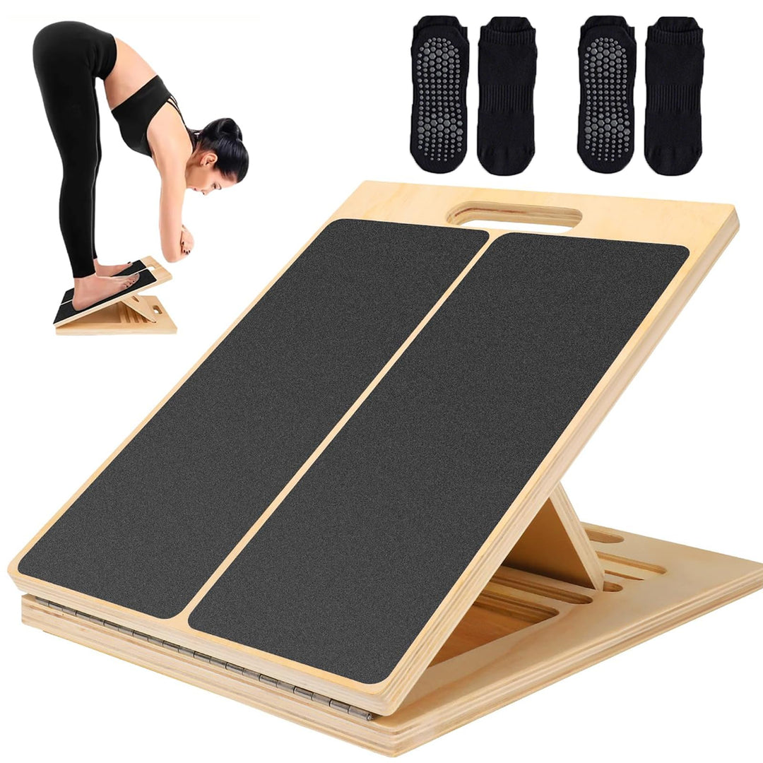 Wadendehner, Verstellbar Slant Board mit Tragegriff, Portable Wooden Slant Board, mit 2 Paar Baumwol