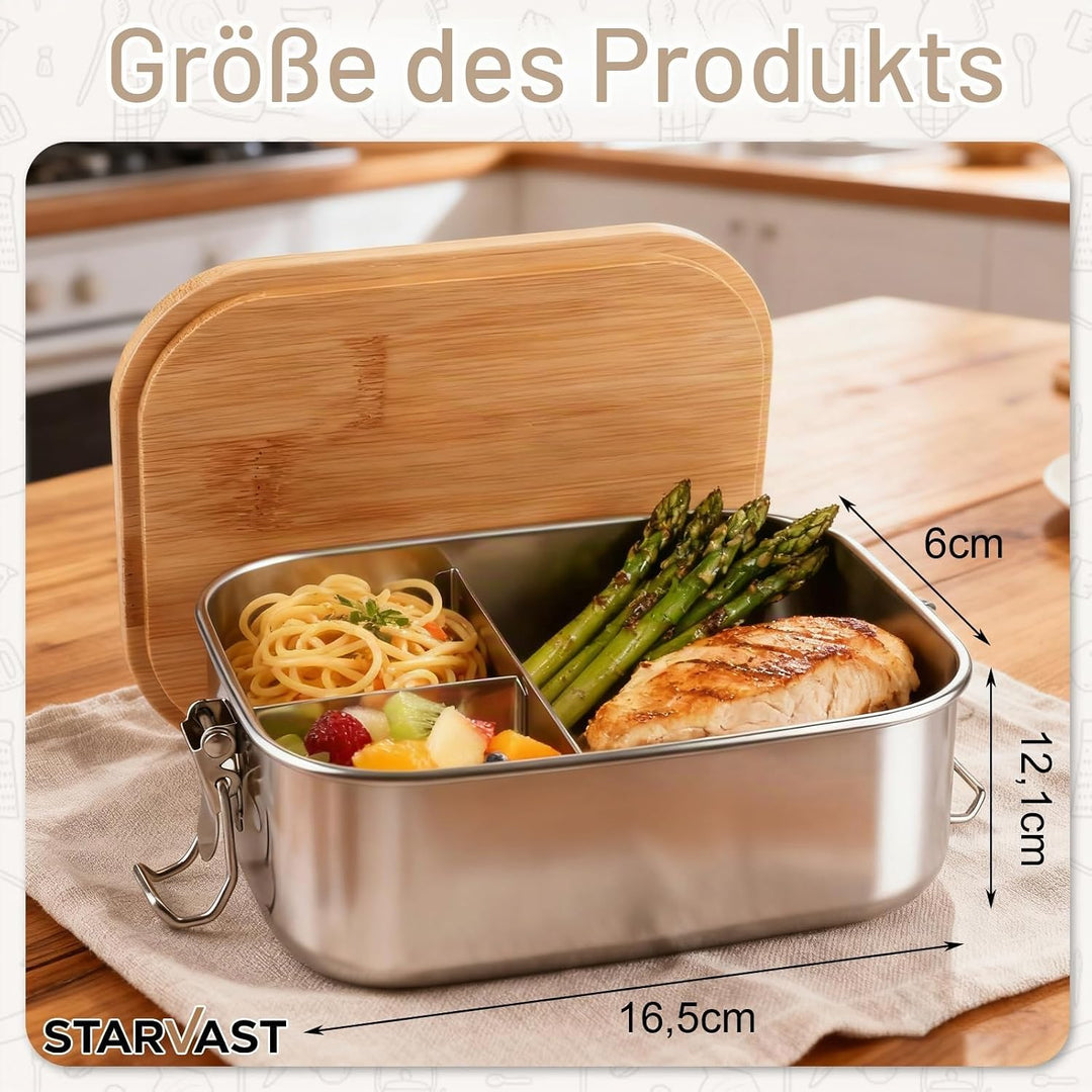 STARVAST 2 Stück Lunchbox für Erwachsene Kinder, Edelstahl Brotdose mit Fächern Holzdeckel,BPA-frei