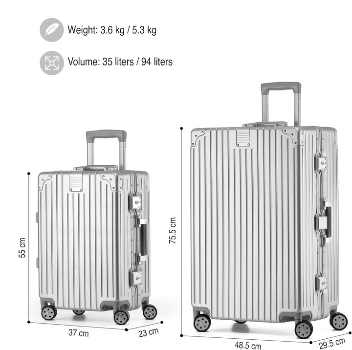 KOFA Zurich Kofferset 2 Teilig, M-55cm & XL-75cm Alu-Rahmen & Polycarbonat-Hartschale, Carry-on + Ch