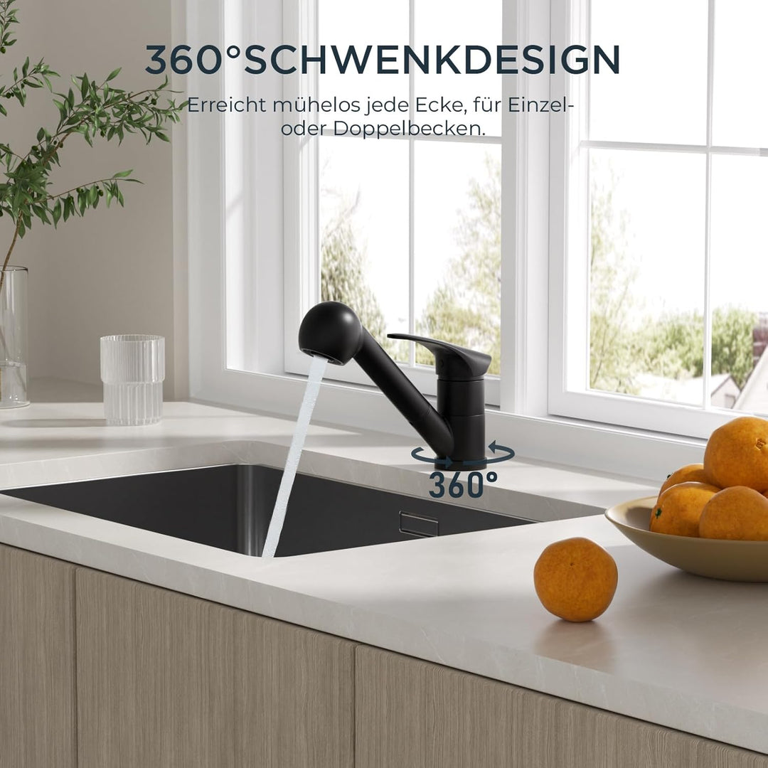FORIOUS Wasserhahn Küche Schwarz, Edelstahl Spültischarmatur mit Brause, Einhebelmischer Küchenarmat