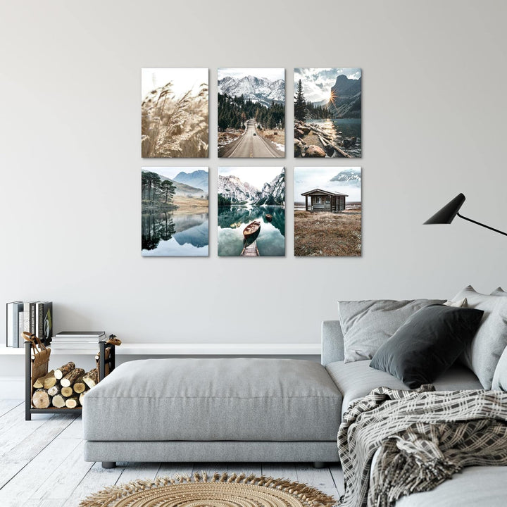 Novart Set Wandbilder - KEIN EXTRA RAMEN BENÖTIGT - Wohnzimmer Schlafzimmer - Bilder Modern See Berg