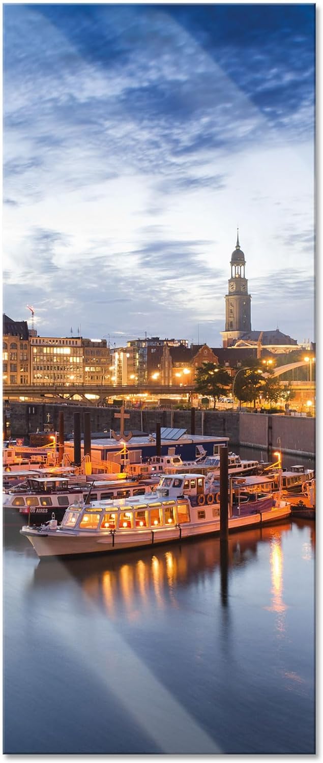 Glasbild Panorama | Wandbild aus Echtglas | Hamburger Hafen am Abend | 100x40 cm | inkl. Aufhängung