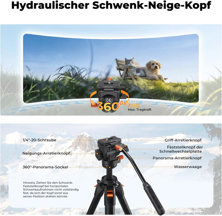 Kamera Stativ,K&F CONCEPT Videostativ mit Fluidkopf,187cm Stativ Kamera, Tripod für unterwegs, Kompa