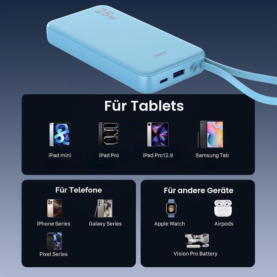 JUOVI Power Bank 10000mAh mit Kabel, 25 W Powerbank Klein Leicht, tragbarer Akkupack schnellladefunk