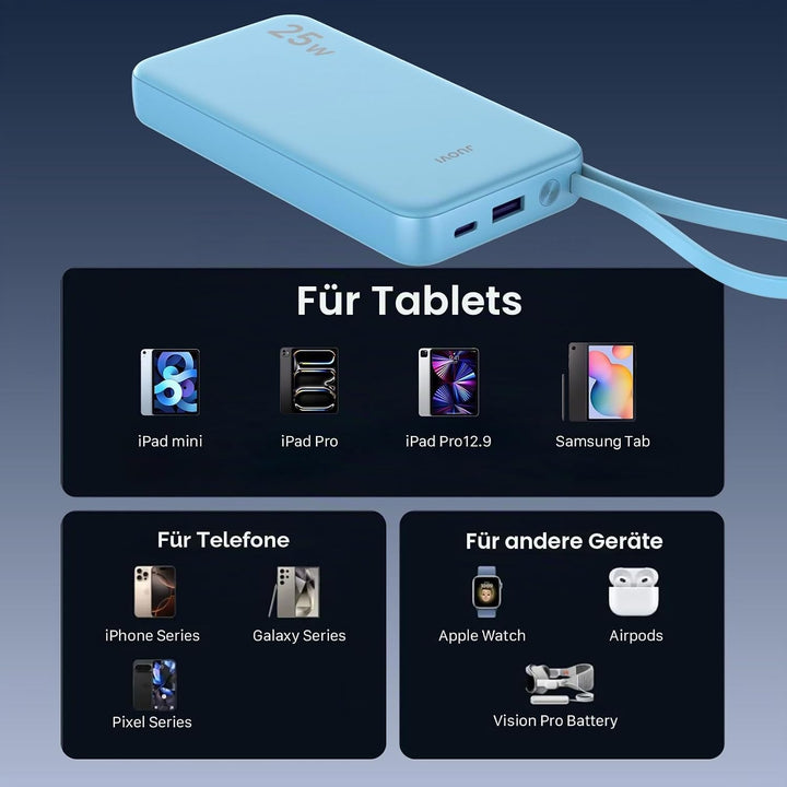 JUOVI Power Bank 10000mAh mit Kabel, 25 W Powerbank Klein Leicht, tragbarer Akkupack schnellladefunk